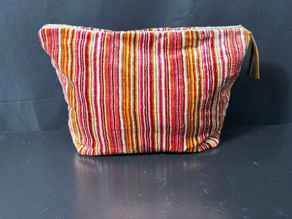 Handcrafted Satchel Bag Created with Vintage Striped Velour Fabric Lined Pouch